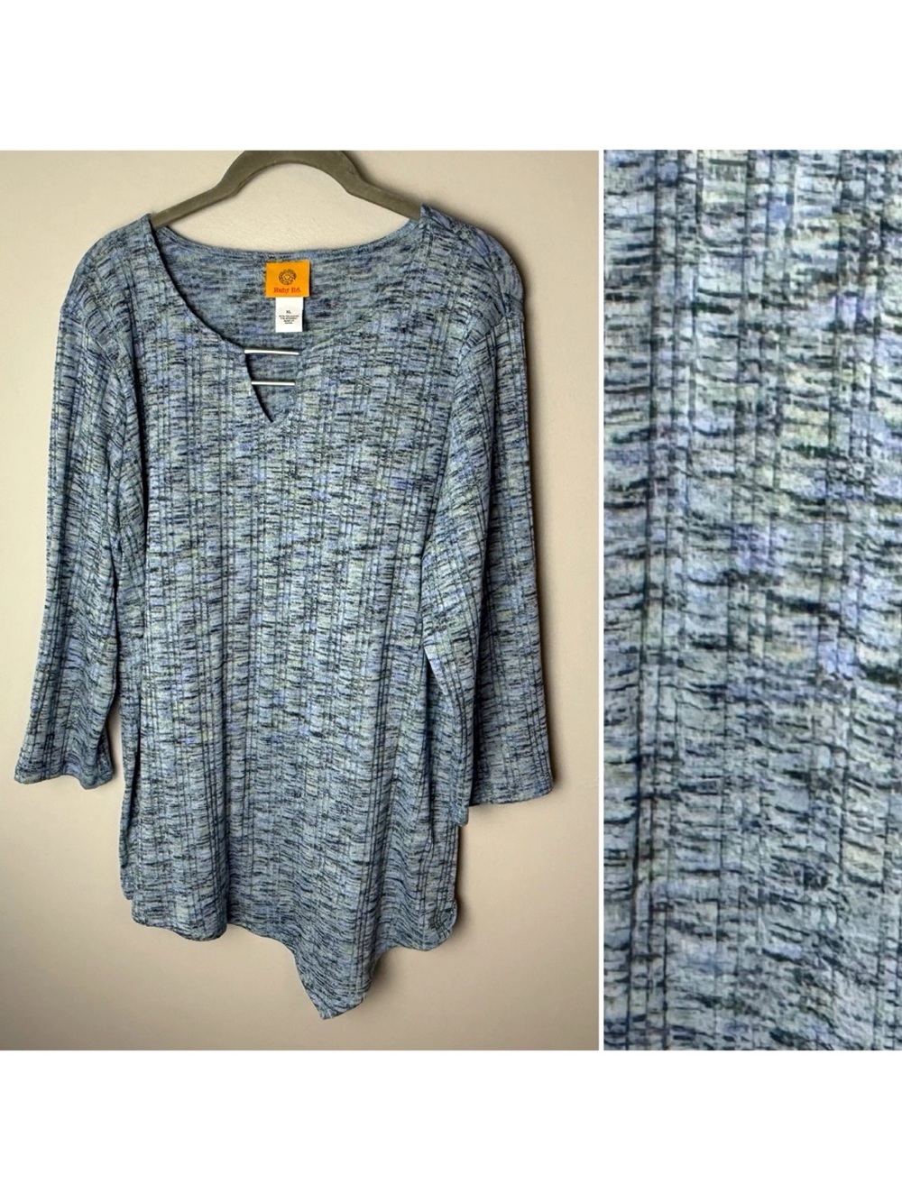 Ruby Rd Top Size XL Blue Abstract Tunic 3/4 Sleeves Sharkbite Hem Bar Neck